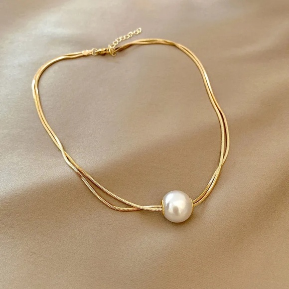 14KT Gold Plated Pearl Double Chain Necklace - Picture 4 of 8